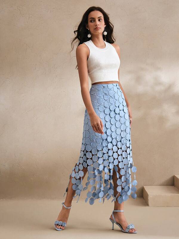 Anewsta Holiday, Party, Summer, Spring, Festival Laser Cut Multi Circle Double Layered Skirt Maxi Women Outfit