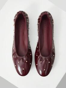 MOTF WOMEN SHOES NEW EUROPEAN AND AMERICAN FASHION PU LEATHER RIVETS INLAID ELASTIC WRINKLED ROUND TOE FLAT SHOES, BURGUNDY VERSATILE ELEGANT SHALLOW MOUTH ONE PEDAL LIGHT NON-SLIP COMFORTABLE ADVANCED FLATS SHOES