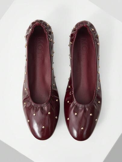 MOTF WOMEN SHOES NEW EUROPEAN AND AMERICAN FASHION PU LEATHER RIVETS INLAID ELASTIC WRINKLED ROUND TOE FLAT SHOES, BURGUNDY VERSATILE ELEGANT SHALLOW MOUTH ONE PEDAL LIGHT NON-SLIP COMFORTABLE ADVANCED FLATS SHOES
