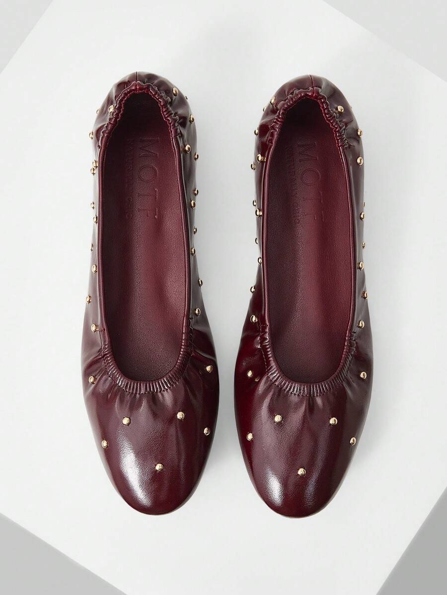 MOTF WOMEN SHOES NEW EUROPEAN AND AMERICAN FASHION PU LEATHER RIVETS INLAID ELASTIC WRINKLED ROUND TOE FLAT SHOES, BURGUNDY VERSATILE ELEGANT SHALLOW MOUTH ONE PEDAL LIGHT NON-SLIP COMFORTABLE ADVANCED FLATS SHOES