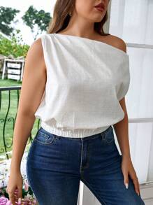 SHEIN Privé 大碼夏季不對稱露肩寬鬆無袖竹棉優雅假期/日常休閒褶皺彈性女士白色襯衫 - 白色 - 查看 7