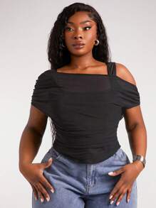 SHEIN SXY 大码女式时尚街头时尚修身弹力涂层皮革和网眼分层褶皱短 T 恤，适合日常穿着、西部装、邮轮装、音乐节、音乐会、狂欢派对、海滩度假、约会之夜、生日、单身派对、俱乐部、可爱、休闲、购物、街头服饰、外出，易于搭配且看起来苗条，凸显身材，修饰身材 - 黑色 - 查看 4