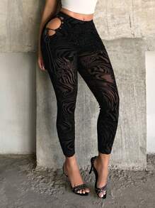 SHEIN SXY 女式斑马纹侧开衩系带网眼打底裤，女式打底裤，女式黑色裤子，网眼，性感，夜店装扮，性感女装，辣妹，街头装，夏季，Y2K，外出 - 黑色 - 查看 5