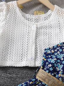 SHEIN Vintaside Kids 2pcs/Set Young Girl Summer Vacation Casual Solid Color Puff Sleeve Top And Ditsy Floral Strap Dress