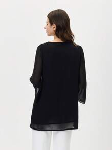 Miaspire Women's Solid Color V-Neck Batwing Sleeve Simple Blouse, For Casual Daily Wear - Black - View 2
