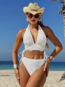 SHEIN Swim 女士夏季海滩度假两件套纯色纹理面料侧系带短款上衣和高腰下装比基尼泳装套装 - 白色 - 查看 4
