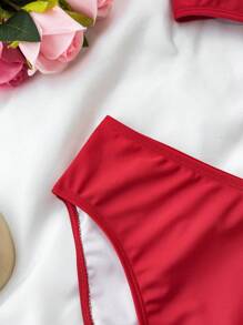 SHEIN Bộ 3 món cho bé gái tuổi teen, gồm áo bikini dệt kim màu trơn và chân váy mini in họa tiết hoa, trang phục đi nghỉ và đi biển - Đỏ - Xem 9
