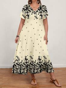 EMERY ROSE 大码女式休闲蝴蝶结碎花 V 领短袖连衣裙，适合夏季 - 米色 - 查看 4