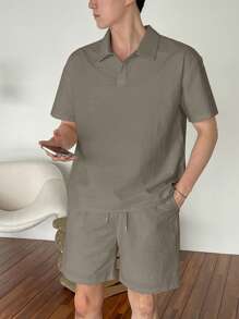 DAZY 男士夏季纯色短袖 Polo 衫和短裤套装 - 灰色 - 查看 1