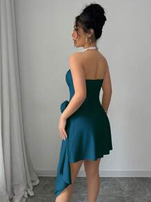Elenzga Apricot Strapless Ruched A-Line Elegant Romantic Floral Detailed Dress For Women, Valentine's Day - Teal Blue - View 2