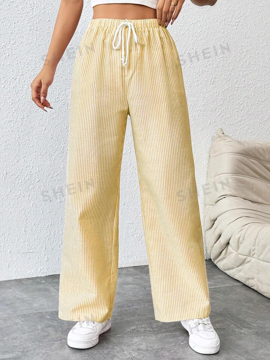 SHEIN PETITE Pantalones rectos de talle con cinturón de mujer a rayas