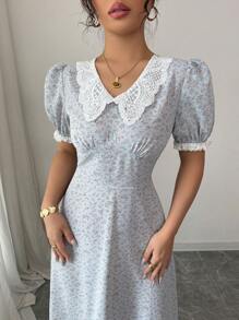 Modelyn French Ditsy Floral Ruffle Collar Cinched Waist Dress - Blue - View 4