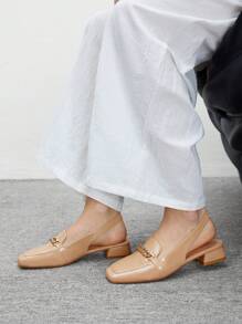 CUCCOO BIZCHIC 女士闪亮杏色漆皮链条后带方头低跟平底鞋，适合通勤、约会、聚会、派对、度假 - 杏色 - 查看 5