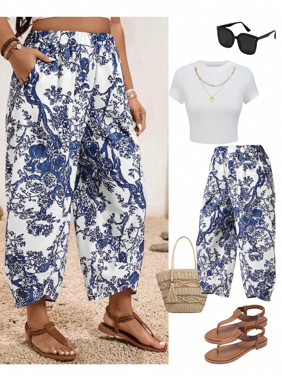 SHEIN Clasi 大码女式休闲节日花卉印花小腿长裤，带口袋 - 藍白色 - 查看 1