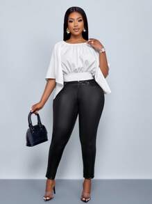 SOLERSUN 大码女式春夏纯色宽松后开衩系带短款度假衬衫、宽松上衣、度假上衣 - 白色 - 查看 2