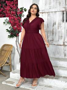 SHEIN Privé Plus Size Elegant Lace Patchwork V-Neck Loose Long A-Line Midi Dress, Short Sleeve - Burgundy - View 6