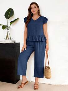 SHEIN Frenchy 2pcs Plus Size Women's Solid Color Back Single-Breasted Cap Sleeve Shirt And Pants Set - Navy Blue - View 3