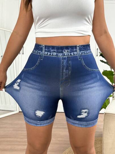 SHEIN Frenchy Women Plus Size Blue Elastic Waist Casual Leggings, Comfortable Stretchy Fabric Daily Wear