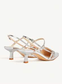 CUCCOO CHICEST Silver Color Retro Buckle Closure Pointed Toe Stiletto Heels, Elegant Ankle Strap Mid-Heel Pumps For Women