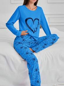 RueChic 100% Cotton 2Pcs  Contrast Colour Heart Printed PJ Set - Blue - View 5