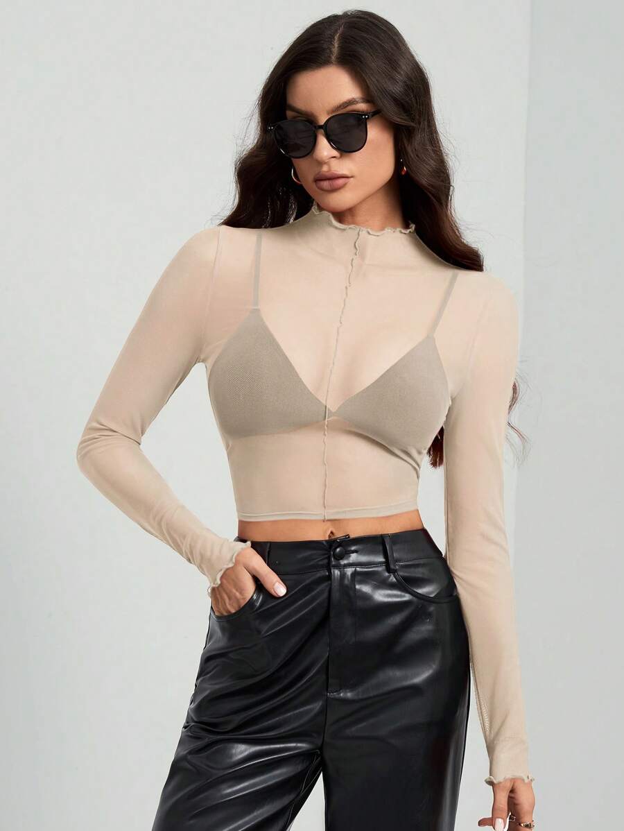 SHEIN Tall 女款純色長袖立領透視性感上衣 - 杏色 - 查看 1