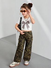 Denimly 年轻女孩复古豹纹都市街头休闲日常时尚全年必备多口袋宽腿牛仔裤，全松紧腰带和前纽扣闭合。前口袋和侧翻盖贴袋。 - 棕色 - 查看 3
