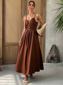 SHEIN VCAY Women's Long Dress,Coffee Brown,Summer,Casual,Vacation,Holiday,Spaghetti Strap,Sleeveless,Hollow Design,Fashionable,Music Festival,Modest Streetwear - Brown - View 5