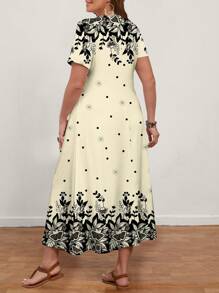 EMERY ROSE 大码女式休闲蝴蝶结碎花 V 领短袖连衣裙，适合夏季 - 米色 - 查看 2