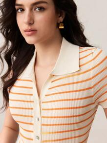 BizChic Áo dệt kim tay ngắn cài cúc, cổ bẻ, kẻ sọc dành cho nữ, kiểu dáng hiện đại, thanh lịch, phù hợp cho công sở, đi làm hàng ngày, phong cách retro thập niên 90, Giáng sinh và Năm mới, lãng mạn, dự tiệc Valentine, đi biển, lễ tốt nghiệp, lễ hội, kỳ nghỉ, phong cách giản dị tối giản, thích hợp cho khách dự đám cưới, chủ nhà, hẹn hò, tiệc tùng, hòa nhạc, bữa sáng muộn, sân bay, nhiều dịp khác nhau. - trái cam - Xem 3