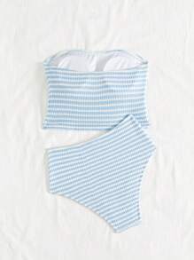 Swim Chiccia Textured Spaghetti Strap Bikini Top For Women For Summer Beach Vacation - Blue and White - View 5