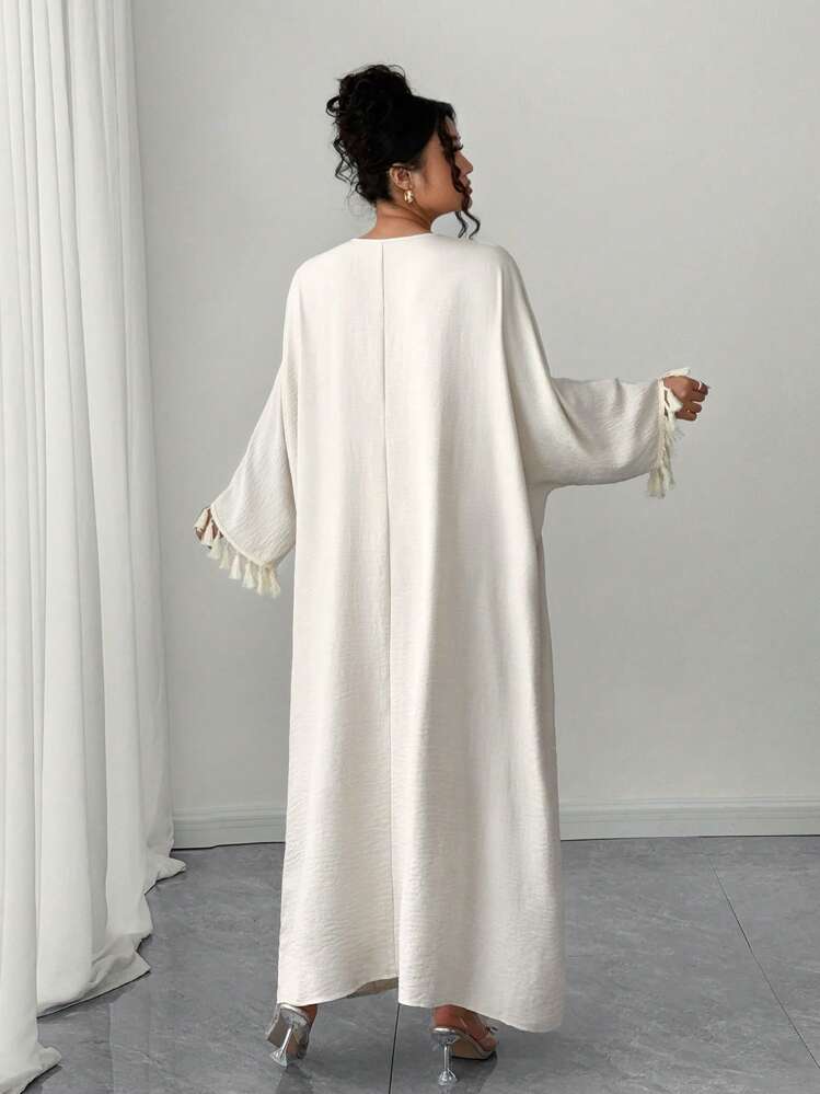 Elenzga 大码优雅简约流苏细节宽松休闲连衣裙 - 杏色 - 查看 2