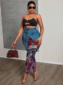 Slaydiva 大码复古纹身心形印花休闲紧身裤