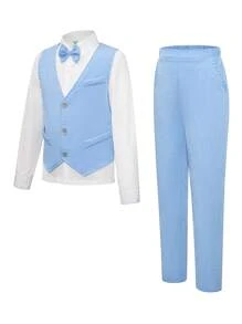 SHEIN Setelan Jas Formal 3 Potong untuk Anak Laki-Laki: Rompi dan Celana dengan Dasi Kupu-Kupu, Cocok untuk Pesta Pernikahan dan Wisuda, Musim Semi, Nyaman dan Bernapas - Baby Blue - View 8