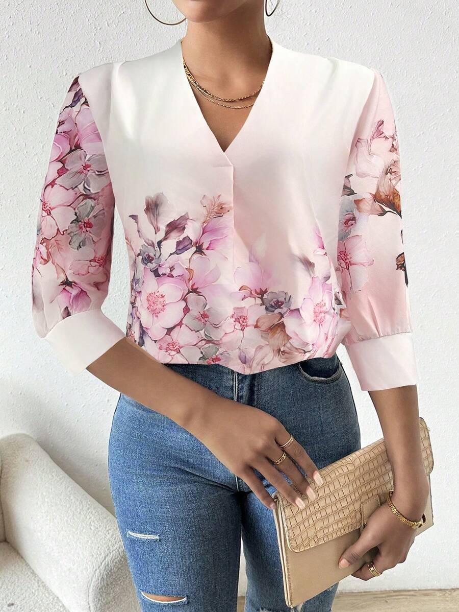 Chiquease Women's Elegant Floral Print Blouse For Commuting - Baby Pink - View 1