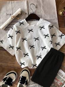 SHEIN Leap Crew 2pcs Teen Girl Casual Butterfly Print Short Sleeve Loose T-Shirt & Legging Set, Suitable For Summer - Multicolor - View 2