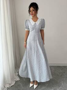 Modelyn French Ditsy Floral Ruffle Collar Cinched Waist Dress - Blue - View 5