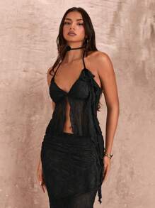 SHEIN BAE Top corto de mujer con 3D floral plisado y abertura larga en color verde sólido para una cita romántica en vacaciones de verano en la playa - Negro - Ver 3