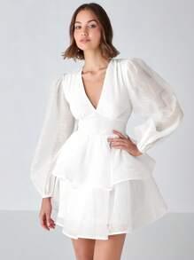Enchnt Spring/Summer Romantic Women's White V-Neck Layered Elegant Puff Long Sleeve Mini Dress Long Sleeve Mini Dress,Sweet&Elegant&Modest Sundress For Birthday&Holiday Party&Sweet Date&Vacation&Graduation Season,Summer Outfits For Women,Wedding Guest Dress Women,Easter Outfit Women
