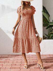 Breezaya Đầm Maxi Cổ Vuông In Hoa Đơn Giản Mùa Hè Tay Ngắn Cho Nữ Đi Biển Kỳ Nghỉ - trái cam - Xem 4