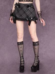 ROMWE Goth 黑色和灰色格子哥特宫廷可爱学院风蝴蝶结女式迷你裙 - 黑色 - 查看 7