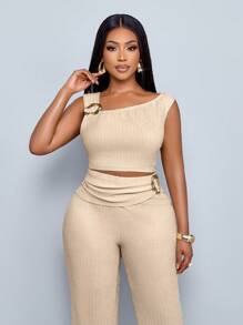 SOLERSUN Women Plus Size Outfits Spring/Summer Casual Daily Wear Solid Color Asymmetrical Neck Top & Flare Leg Pants Two Pieces