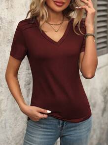 EMERY ROSE Summer Casual Solid Color V-Neck Short Sleeve T-Shirt - Burgundy - View 4