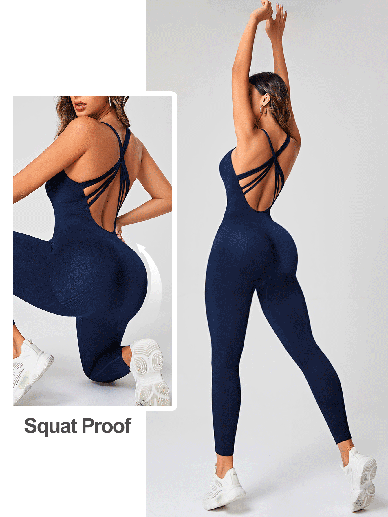 Slayform 净色交叉露背运动连体裤 - 藏蓝色 - 查看 2