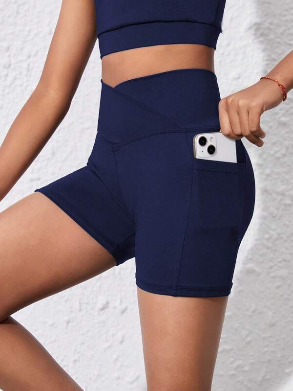 SHEIN Girls Navy Blue Sports Tight Yoga Pants With Pockets, Stretchy & Comfortable, Suitable For Workout, Training, Running, Cycling