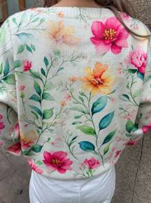 SHEIN LUNE 全新女式纽扣印花花卉和树叶图案薄款圆领长袖休闲开衫 - 米色 - 查看 2