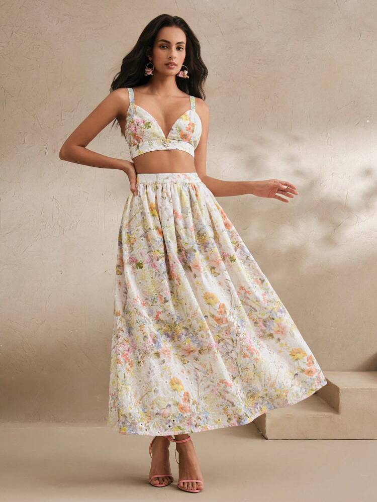 2 Pieces Set Women Summer, Holiday, Casual, Festival, Vacation - French Elegant Floral Embroidery Camisole Top And Long Skirt