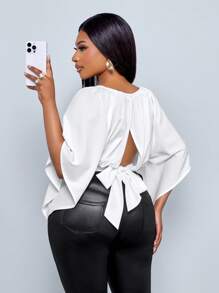 SOLERSUN 大码女式春夏纯色宽松后开衩系带短款度假衬衫、宽松上衣、度假上衣 - 白色 - 查看 3