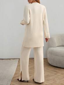 EURMUSE Women Solid Color Rib Knit Round Neck Button Detailed Pullover & Sweater Pants Knit Two Piece Set,Winter Clothes - Beige - View 4