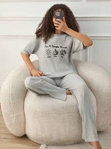 SHEIN Cottnline Women Contrast Colour Cute Items Detail Basic Homewear Lounge Set - Light Grey - View 3