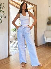 EURMUSE Plus Women's Striped Drawstring Casual Linen Pants - Multicolor - View 3